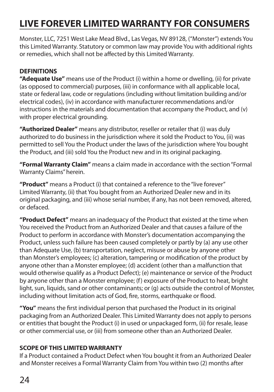 24 live forever limited warranty for consumers | Monster Cable PerfectView 400L User Manual | Page 28 / 90