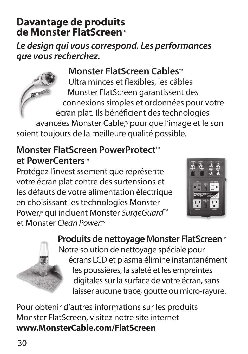 Davantage de produits de monster flatscreen, Monster flatscreen powerprotect, Et powercenters | Produits de nettoyage monster flatscreen, Soient toujours de la meilleure qualité possible, Power, power, qui incluent monster, Surgeguard, Et monster clean power, Clean power | Monster Cable PerfectView 400L User Manual | Page 34 / 90