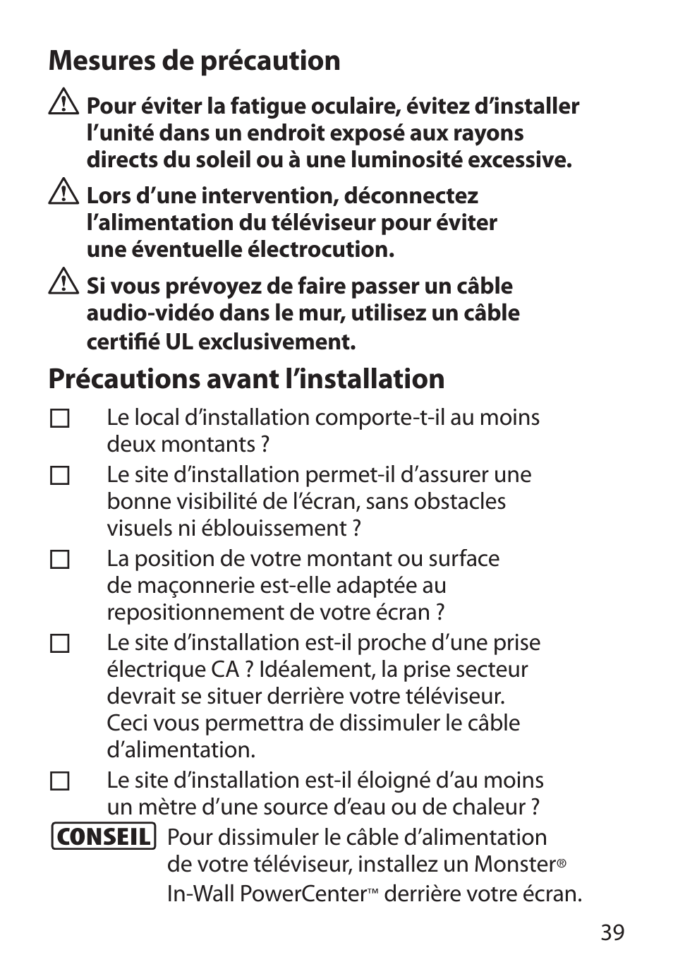 Mesures de précaution, Précautions avant l’installation | Monster Cable PerfectView 400L User Manual | Page 43 / 90
