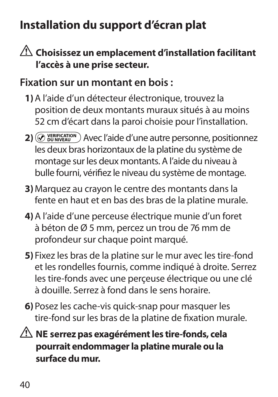 Installation du support d’écran plat, Fixation sur un montant en bois | Monster Cable PerfectView 400L User Manual | Page 44 / 90