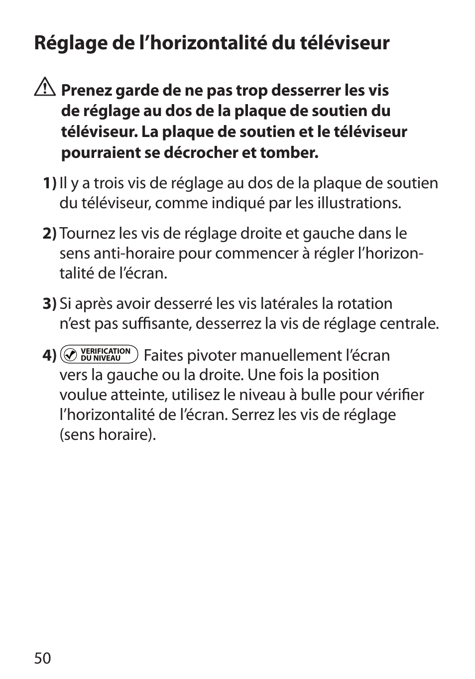 Réglage de l’horizontalité du téléviseur | Monster Cable PerfectView 400L User Manual | Page 54 / 90