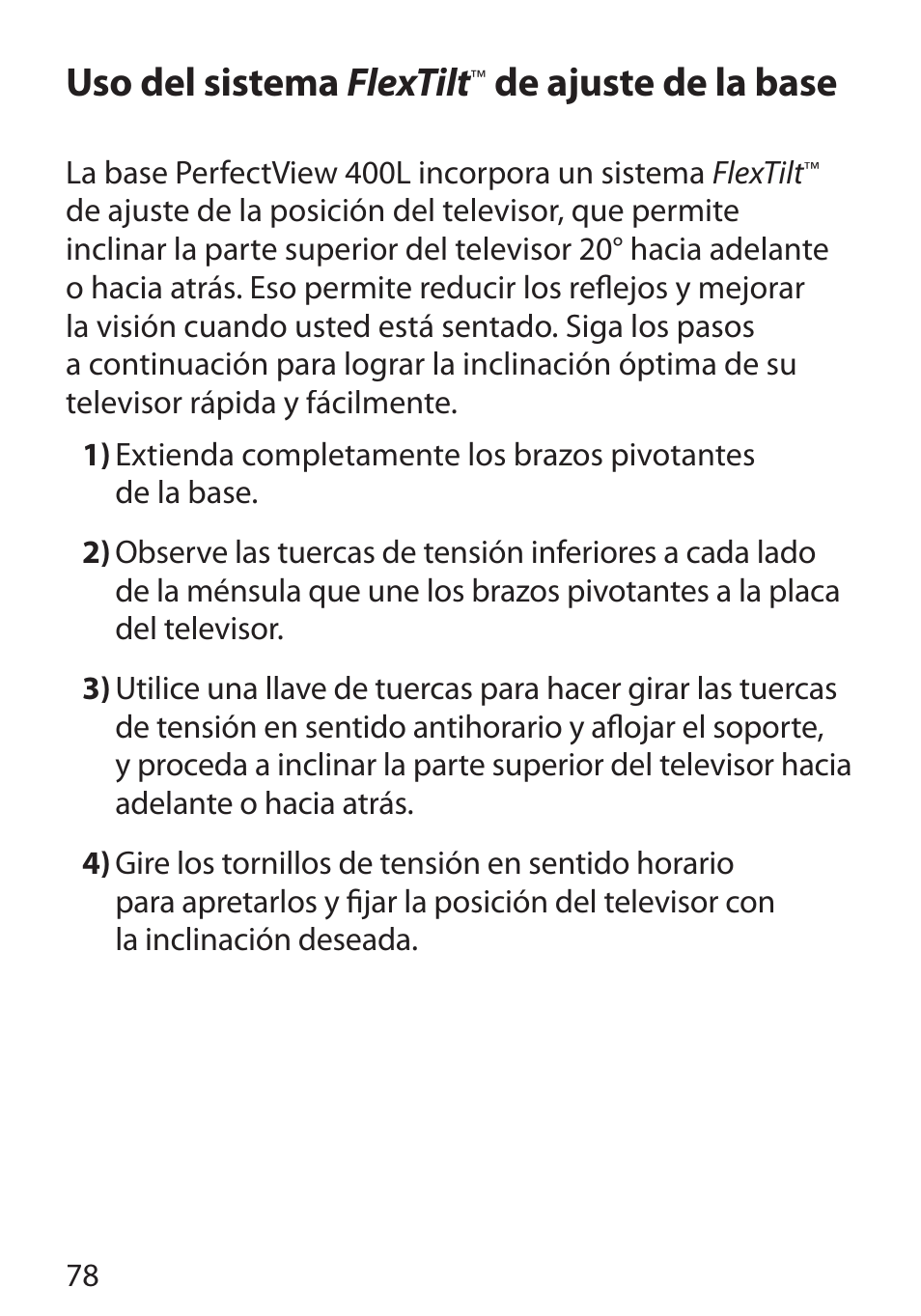 Uso del sistema flextilt, Flextilt flextilt de ajuste de la base | Monster Cable PerfectView 400L User Manual | Page 82 / 90