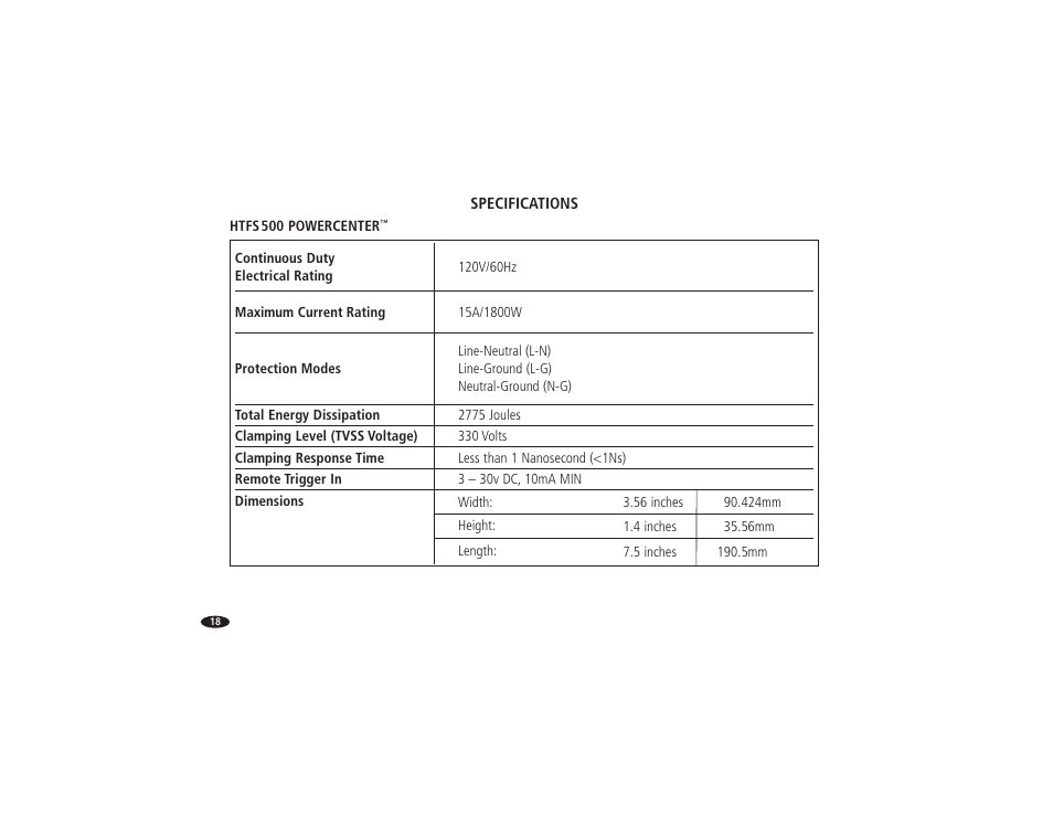 Specs | Monster Power HTFS500 POWERCENTER User Manual | Page 23 / 25