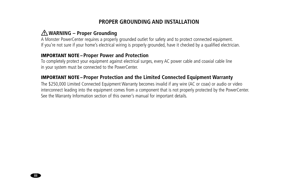 Proper grounding and installation | Monster Power 15 Amp User Manual | Page 6 / 32