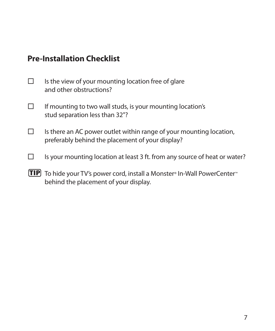 Pre-installation checklist | Monster Cable SMARTVIEW 300L User Manual | Page 11 / 72
