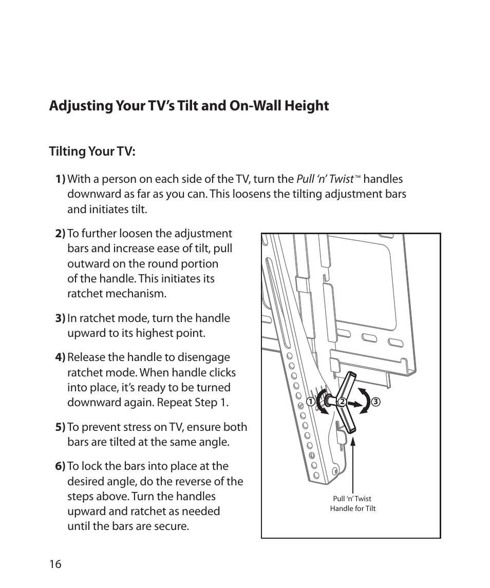Adjusting your tv’s tilt and on-wall height, Tilting your tv | Monster Cable SMARTVIEW 300L User Manual | Page 20 / 72