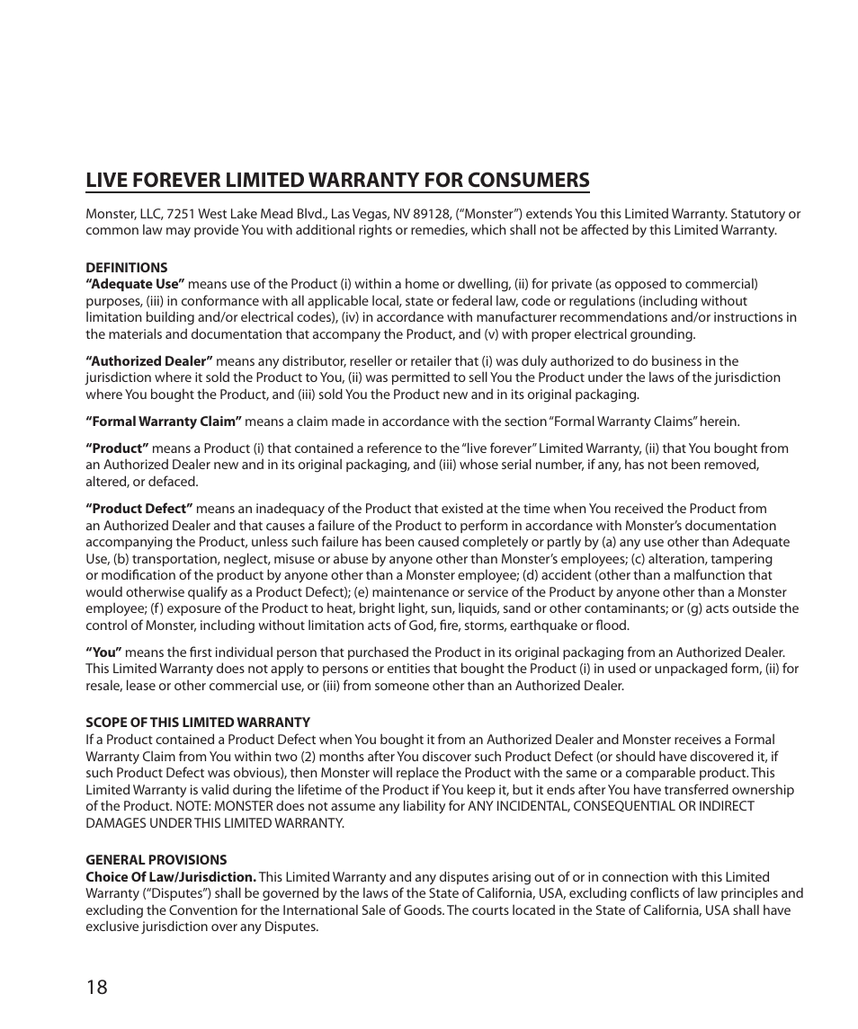 Live forever limited warranty for consumers | Monster Cable SMARTVIEW 300L User Manual | Page 22 / 72