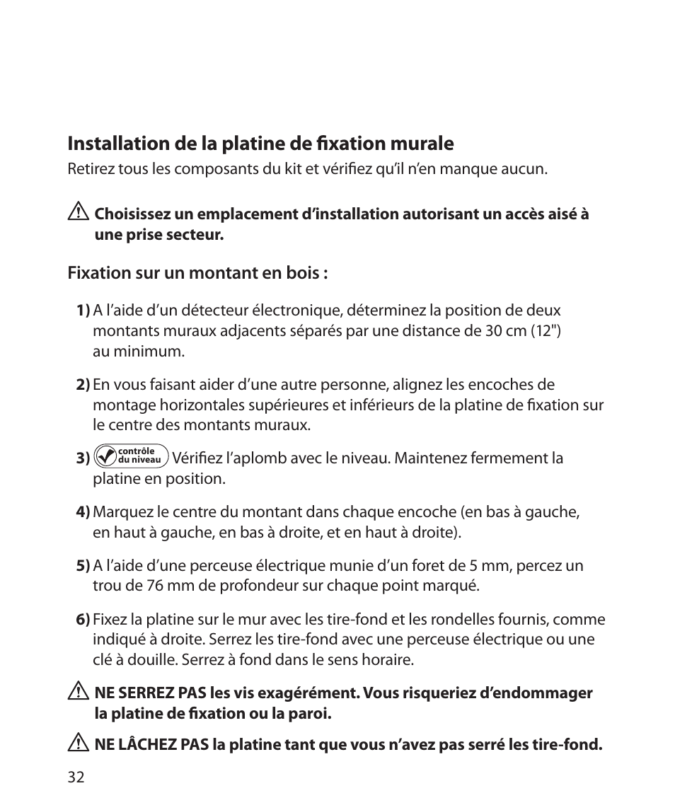Installation de la platine de ﬁxation murale, Fixation sur un montant en bois | Monster Cable SMARTVIEW 300L User Manual | Page 36 / 72