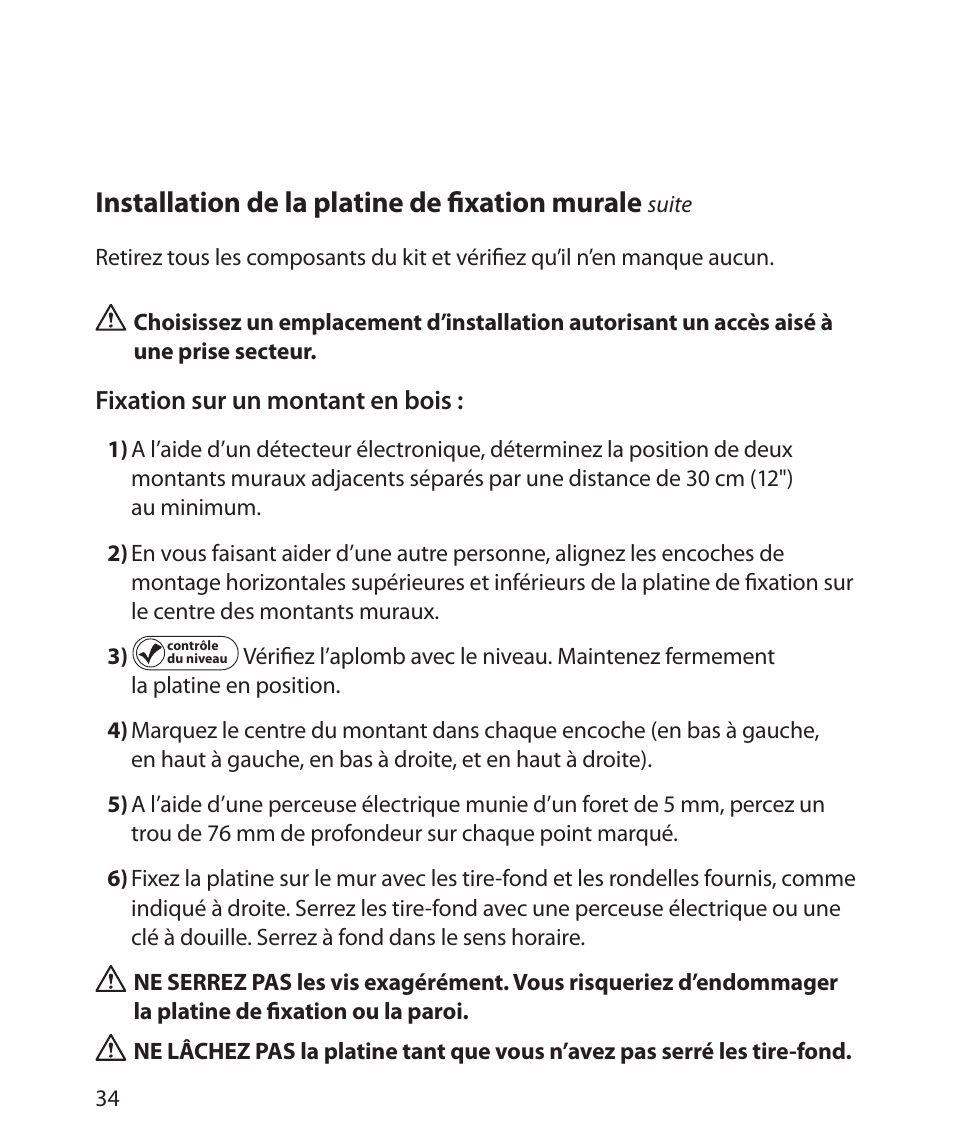 Installation de la platine de ﬁxation murale | Monster Cable SMARTVIEW 300L User Manual | Page 38 / 72