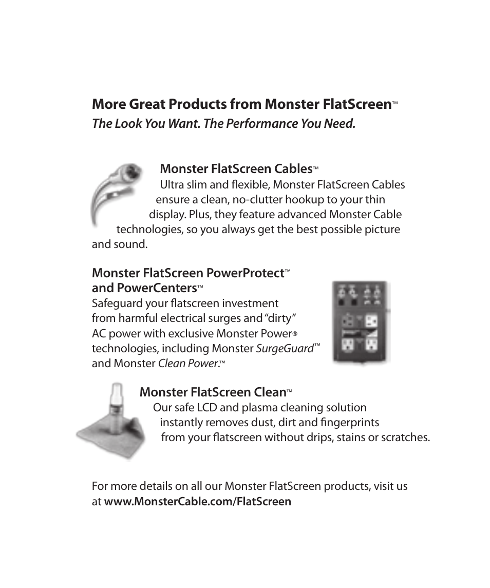 More great products from monster flatscreen, Monster flatscreen powerprotect, And powercenters | Monster flatscreen clean | Monster Cable SMARTVIEW 300L User Manual | Page 4 / 72