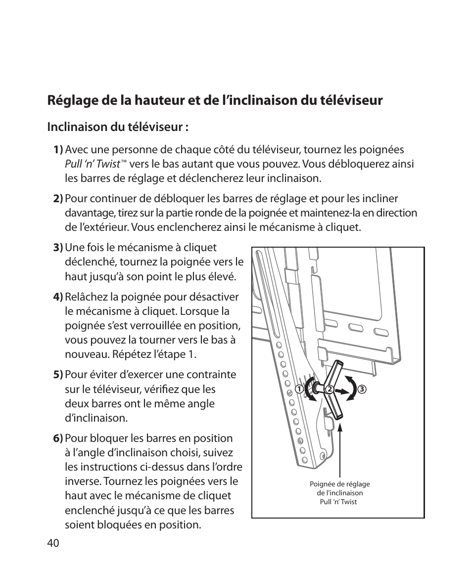 Inclinaison du téléviseur | Monster Cable SMARTVIEW 300L User Manual | Page 44 / 72