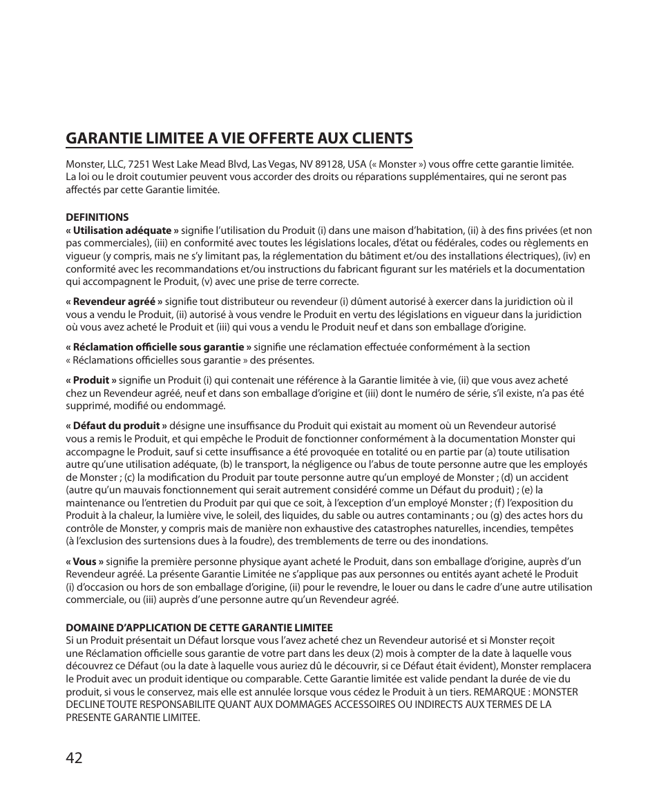 Garantie limitee a vie offerte aux clients | Monster Cable SMARTVIEW 300L User Manual | Page 46 / 72