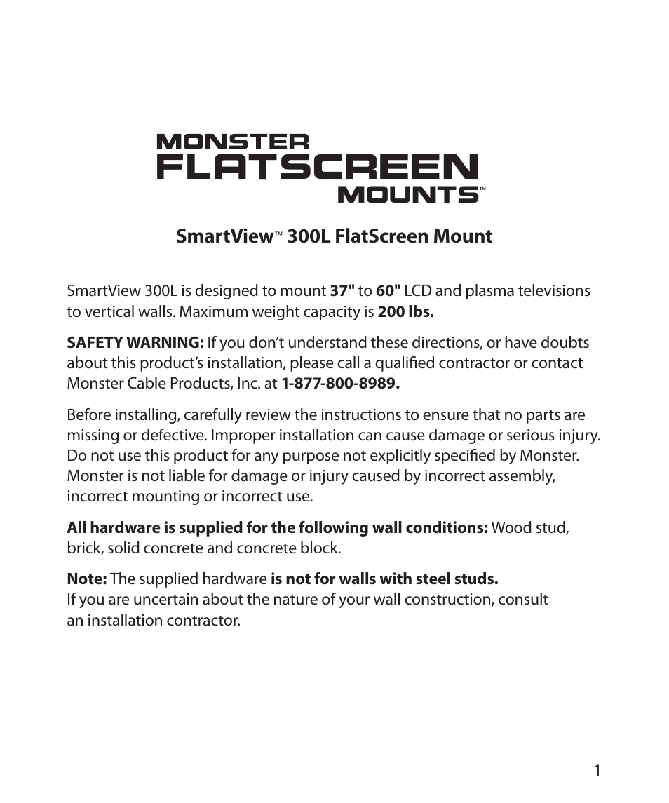 Smartview, 300l flatscreen mount | Monster Cable SMARTVIEW 300L User Manual | Page 5 / 72