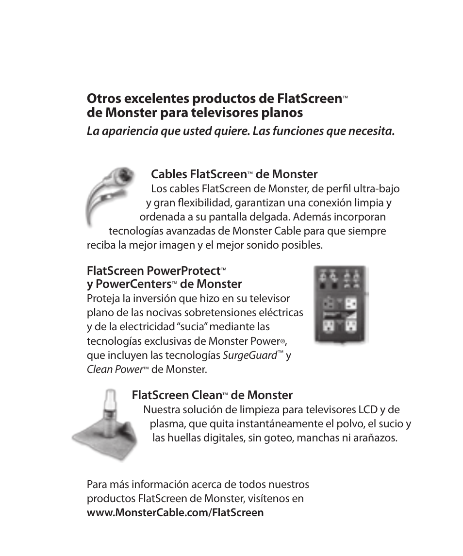 Otros excelentes productos de flatscreen, De monster para televisores planos, De monster | Flatscreen powerprotect, Y powercenters, Flatscreen clean | Monster Cable SMARTVIEW 300L User Manual | Page 52 / 72
