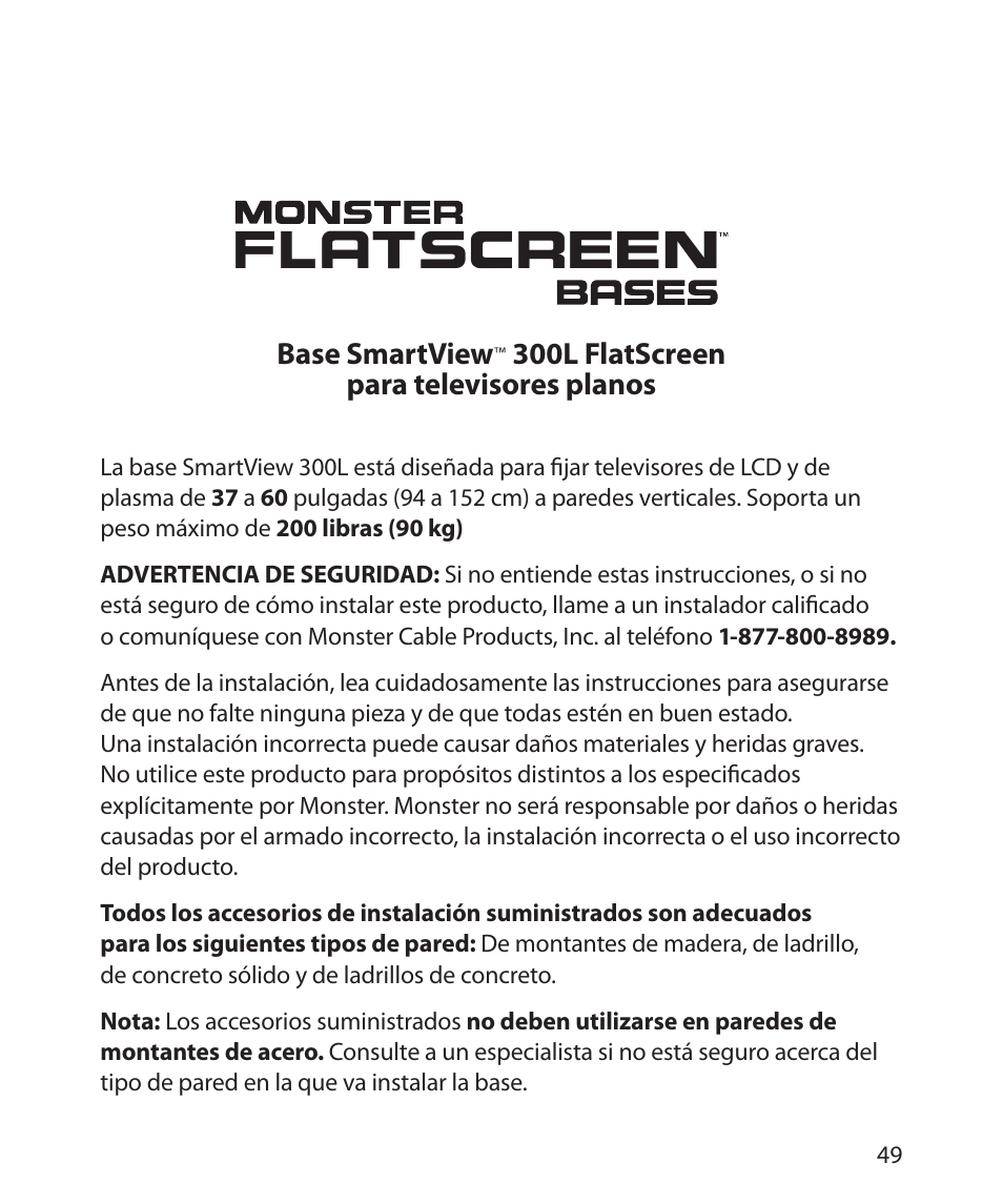 Base smartview, 300l flatscreen para televisores planos | Monster Cable SMARTVIEW 300L User Manual | Page 53 / 72