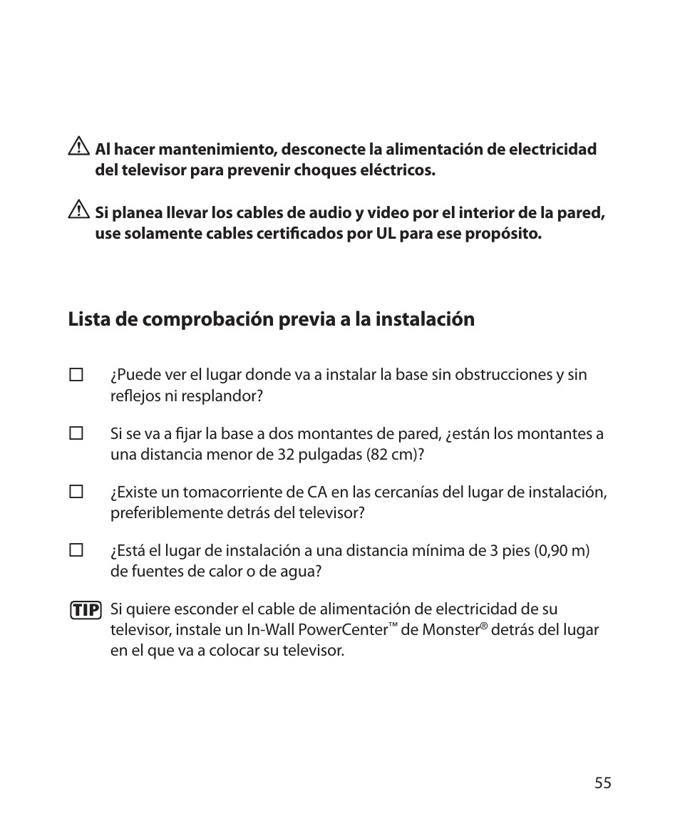 Lista de comprobación previa a la instalación | Monster Cable SMARTVIEW 300L User Manual | Page 59 / 72