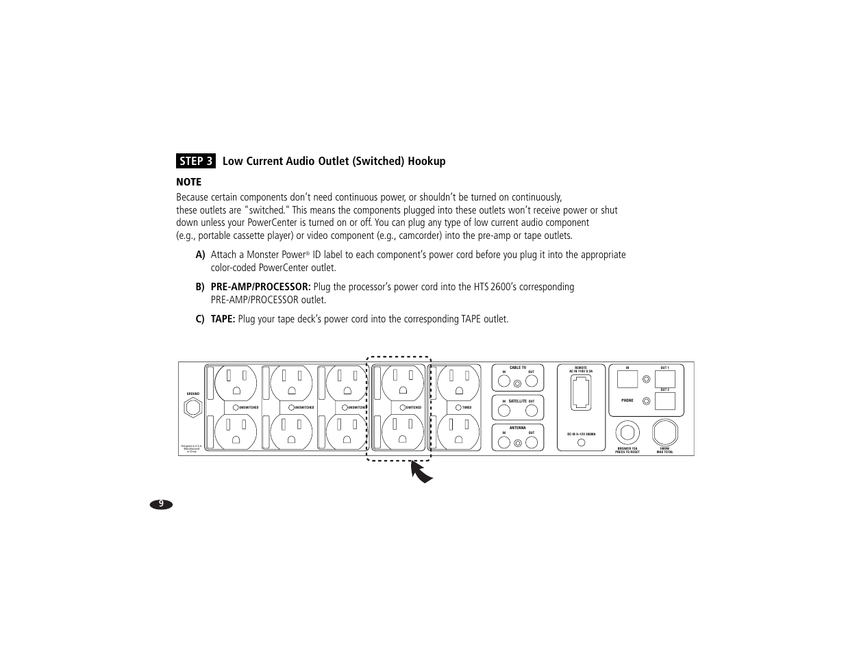 Step 3 low current audio outlet (switched) hookup | Monster Power HTS2600 User Manual | Page 15 / 46