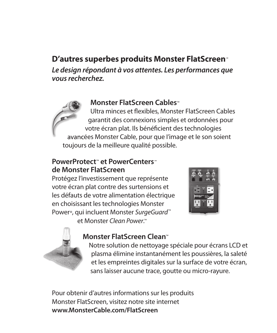 D’autres superbes produits monster flatscreen, Powerprotect, Et powercenters | De monster flatscreen, Monster flatscreen clean | Monster Cable SmartView 200M User Manual | Page 28 / 72