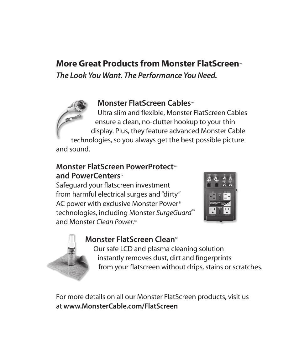 More great products from monster flatscreen, Monster flatscreen powerprotect, And powercenters | Monster flatscreen clean, Technologies, including monster surgeguard, And monster clean power | Monster Cable SmartView 200M User Manual | Page 4 / 72
