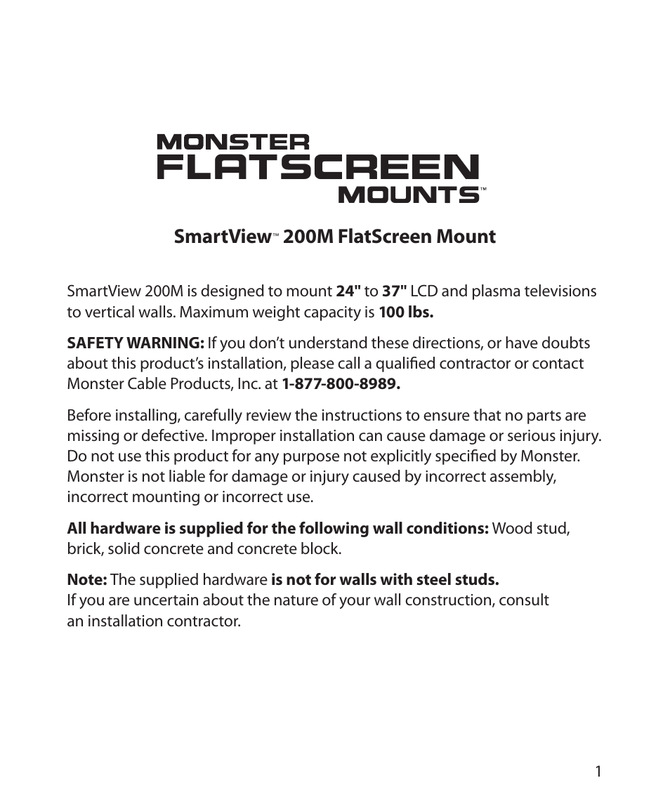 Smartview, 200m flatscreen mount | Monster Cable SmartView 200M User Manual | Page 5 / 72