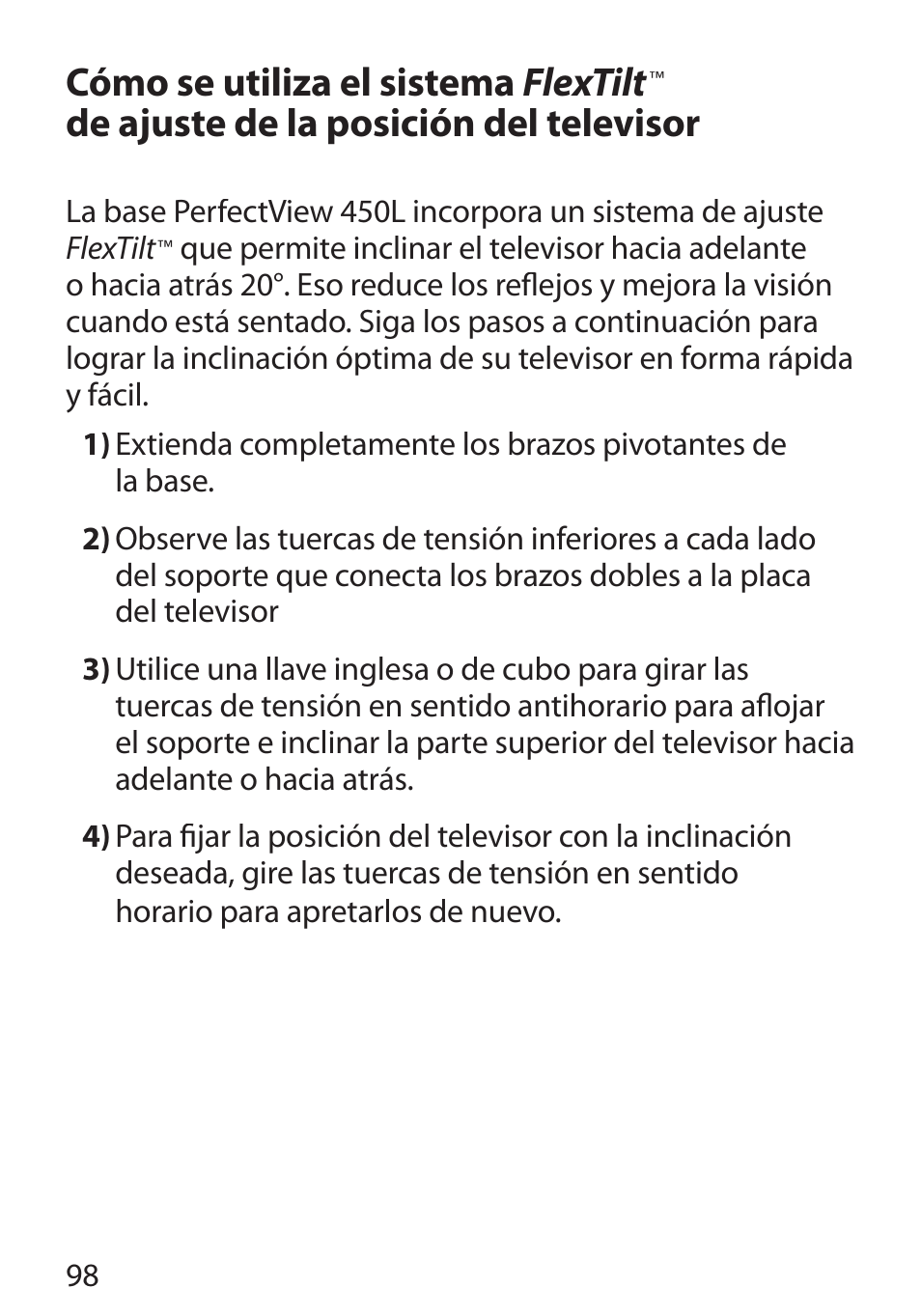 Cómo se utiliza el sistema flextilt, De ajuste de la posición del televisor | Monster Cable PERFECTVIEW 450L User Manual | Page 102 / 113