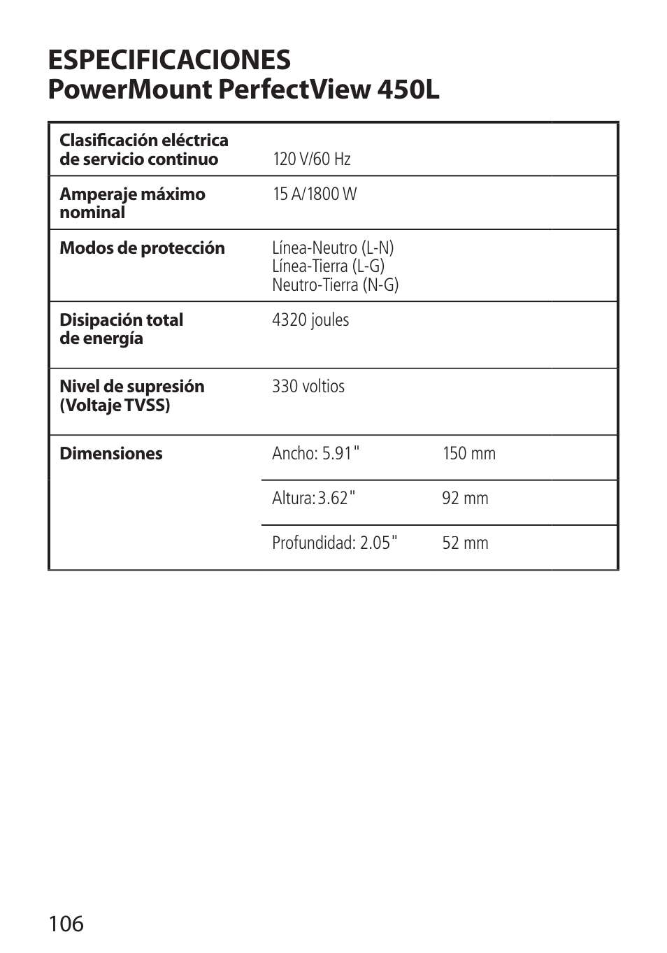 Especificaciones powermount perfectview 450l | Monster Cable PERFECTVIEW 450L User Manual | Page 110 / 113