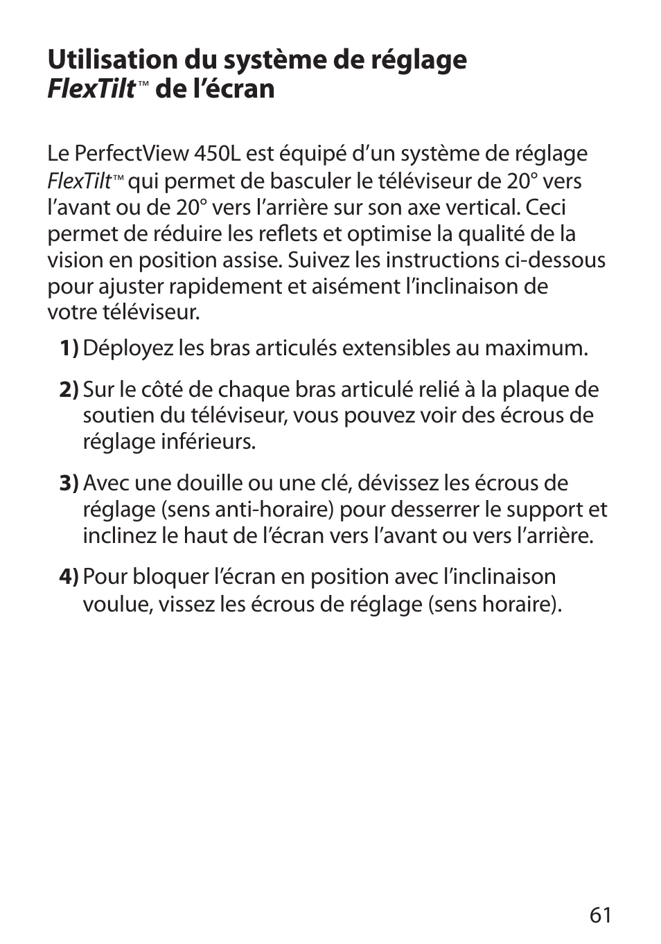 Utilisation du système de réglage flextilt, De l’écran | Monster Cable PERFECTVIEW 450L User Manual | Page 65 / 113