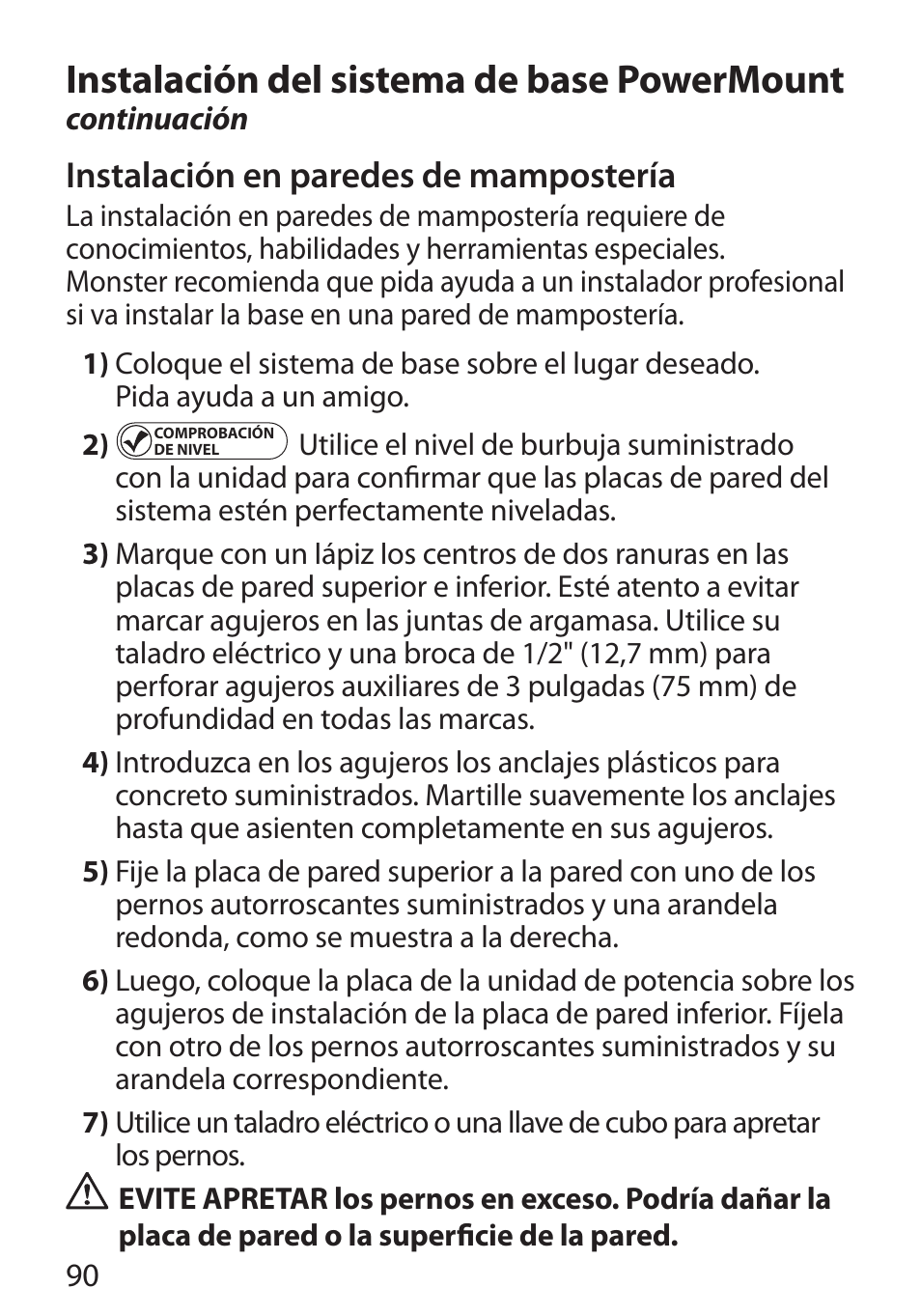 Instalación del sistema de base powermount, Instalación en paredes de mampostería | Monster Cable PERFECTVIEW 450L User Manual | Page 94 / 113