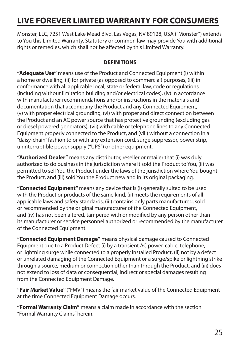 25 live forever limited warranty for consumers | Monster Cable POWERMOUNT 350S User Manual | Page 31 / 108