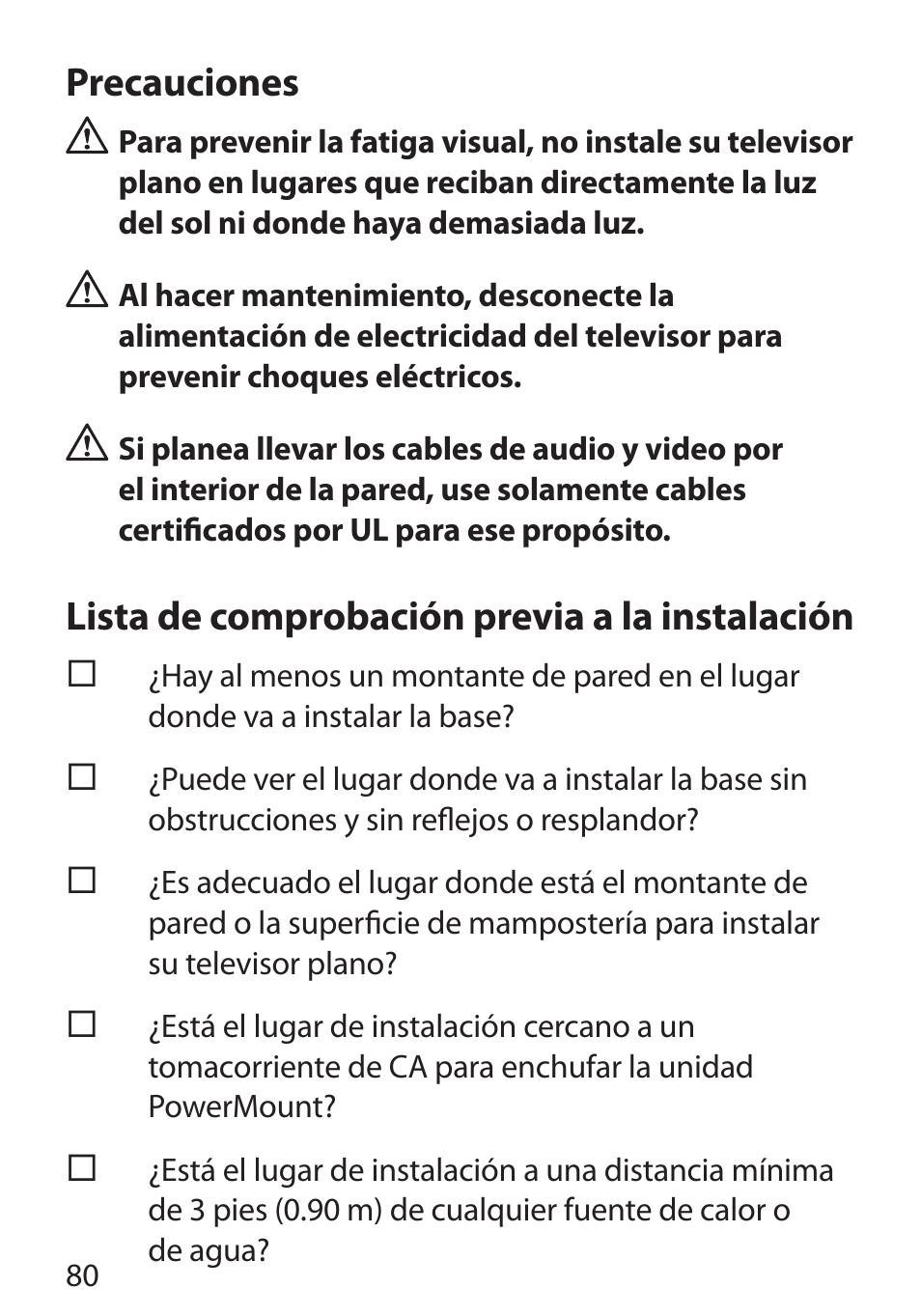 Precauciones, Lista de comprobación previa a la instalación | Monster Cable POWERMOUNT 350S User Manual | Page 86 / 108