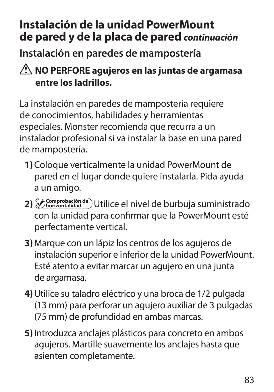 Instalación en paredes de mampostería | Monster Cable POWERMOUNT 350S User Manual | Page 89 / 108