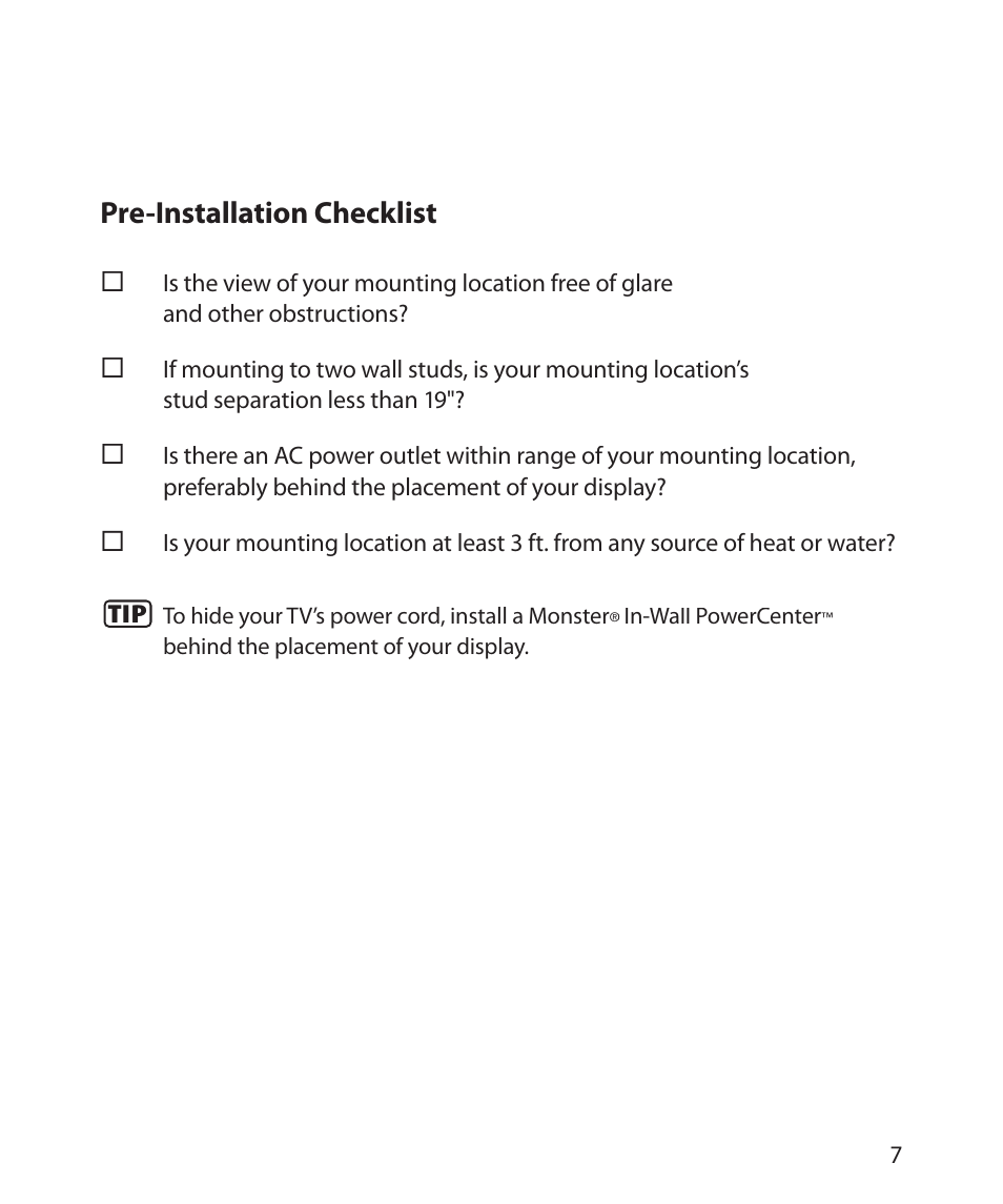 Pre-installation checklist | Monster Power FlatScreen Mount SmartViewTM 300M User Manual | Page 11 / 72