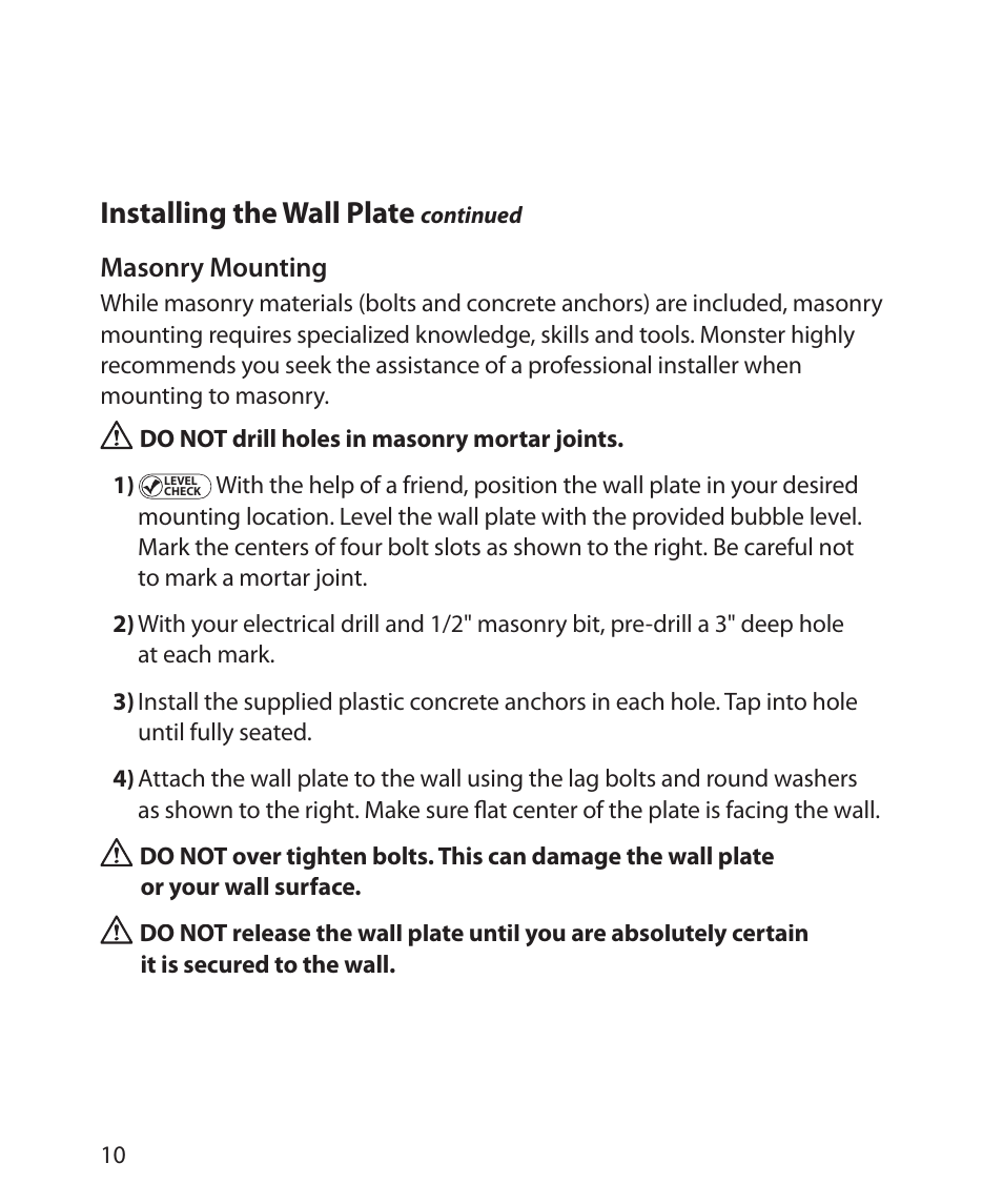 Installing the wall plate, Masonry mounting | Monster Power FlatScreen Mount SmartViewTM 300M User Manual | Page 14 / 72