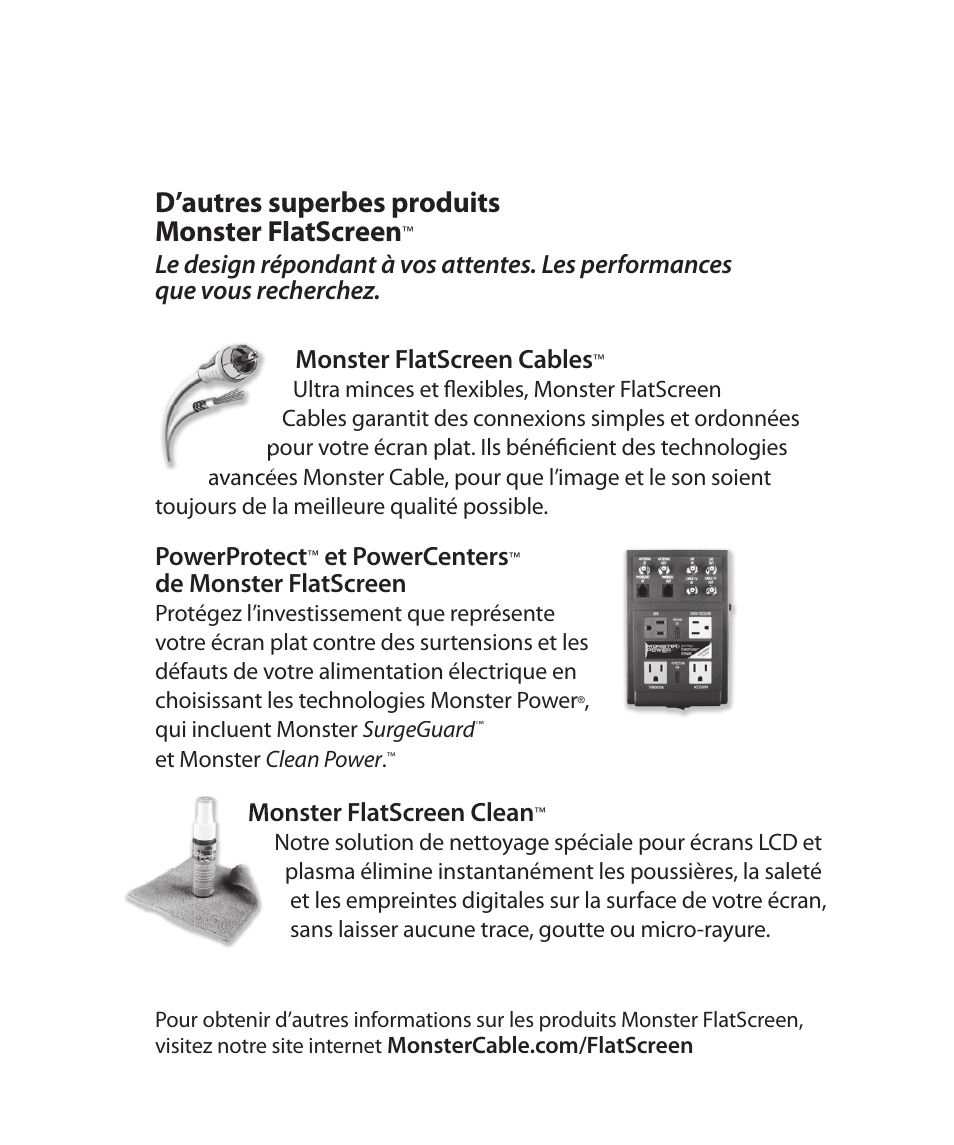 D’autres superbes produits monster flatscreen, Powerprotect, Et powercenters | De monster flatscreen, Monster flatscreen clean | Monster Power FlatScreen Mount SmartViewTM 300M User Manual | Page 28 / 72