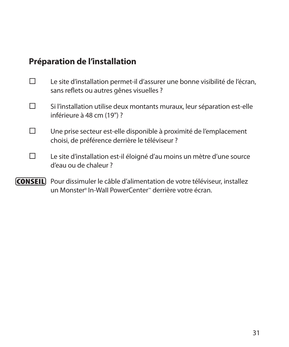 Préparation de l’installation | Monster Power FlatScreen Mount SmartViewTM 300M User Manual | Page 35 / 72