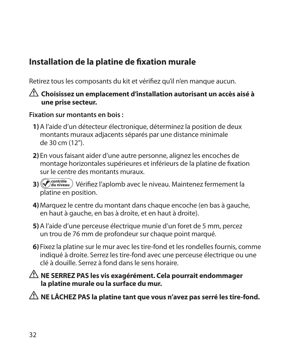 Installation de la platine de ﬁ xation murale | Monster Power FlatScreen Mount SmartViewTM 300M User Manual | Page 36 / 72