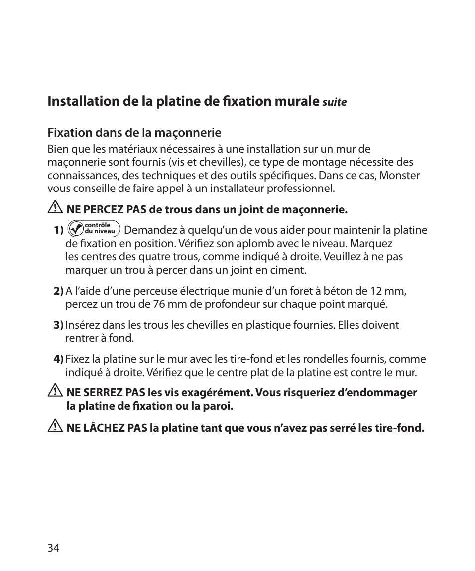 Installation de la platine de ﬁ xation murale | Monster Power FlatScreen Mount SmartViewTM 300M User Manual | Page 38 / 72