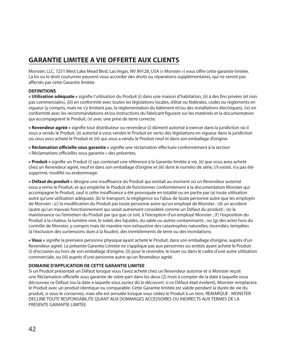 Garantie limitee a vie offerte aux clients | Monster Power FlatScreen Mount SmartViewTM 300M User Manual | Page 46 / 72