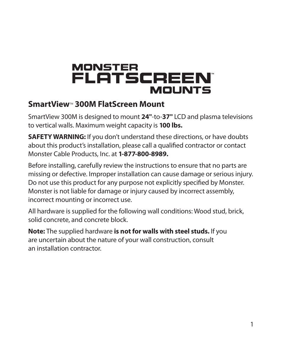 Smartview, 300m flatscreen mount | Monster Power FlatScreen Mount SmartViewTM 300M User Manual | Page 5 / 72