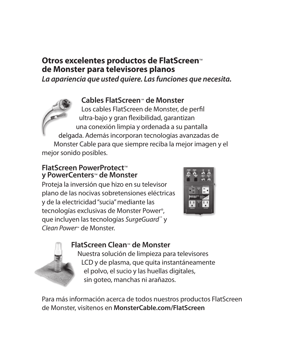 Otros excelentes productos de flatscreen, De monster para televisores planos, De monster | Flatscreen powerprotect, Y powercenters, Flatscreen clean | Monster Power FlatScreen Mount SmartViewTM 300M User Manual | Page 52 / 72
