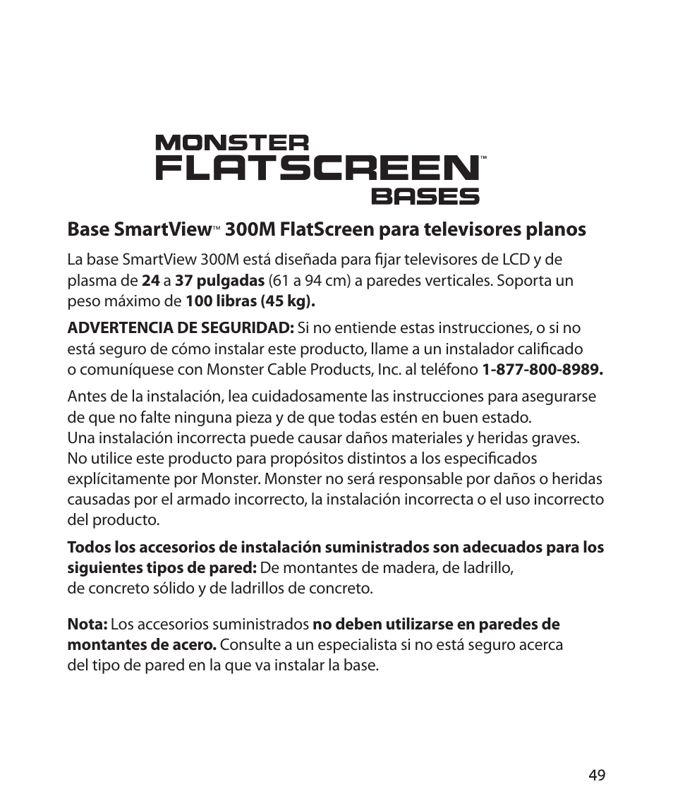 Base smartview, 300m flatscreen para televisores planos | Monster Power FlatScreen Mount SmartViewTM 300M User Manual | Page 53 / 72
