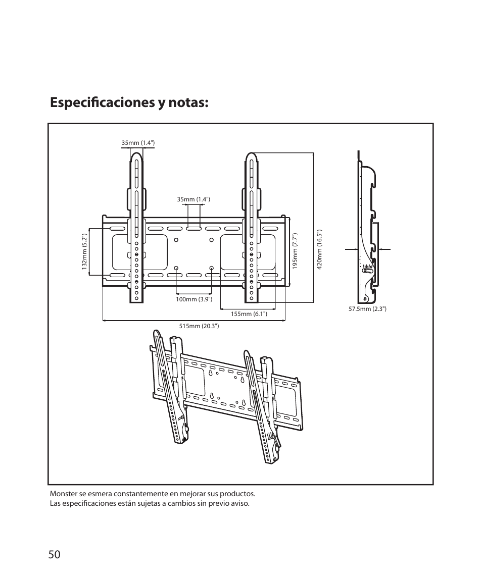 Especiﬁ caciones y notas | Monster Power FlatScreen Mount SmartViewTM 300M User Manual | Page 54 / 72
