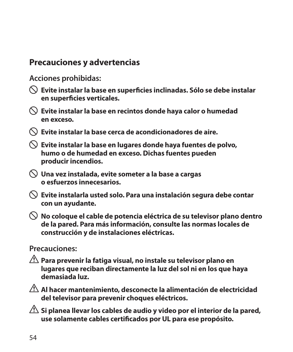 Precauciones y advertencias | Monster Power FlatScreen Mount SmartViewTM 300M User Manual | Page 58 / 72