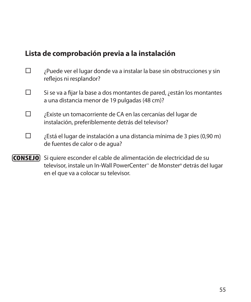Lista de comprobación previa a la instalación | Monster Power FlatScreen Mount SmartViewTM 300M User Manual | Page 59 / 72
