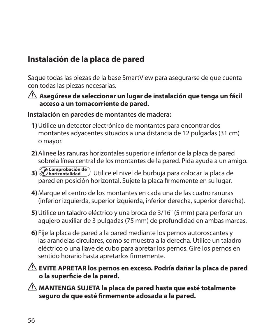 Instalación de la placa de pared | Monster Power FlatScreen Mount SmartViewTM 300M User Manual | Page 60 / 72