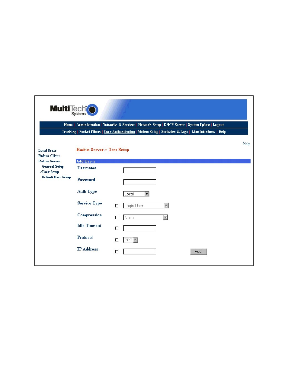 Radius server > user setup | Multi Tech Equipment MULTIACCESS MA30120 User Manual | Page 24 / 29