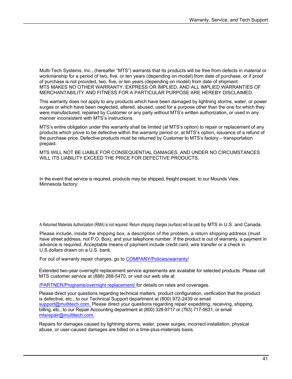 Chapter 7: warranty, service, and tech support | Multi Tech Equipment MTA128ST User Manual | Page 41 / 61