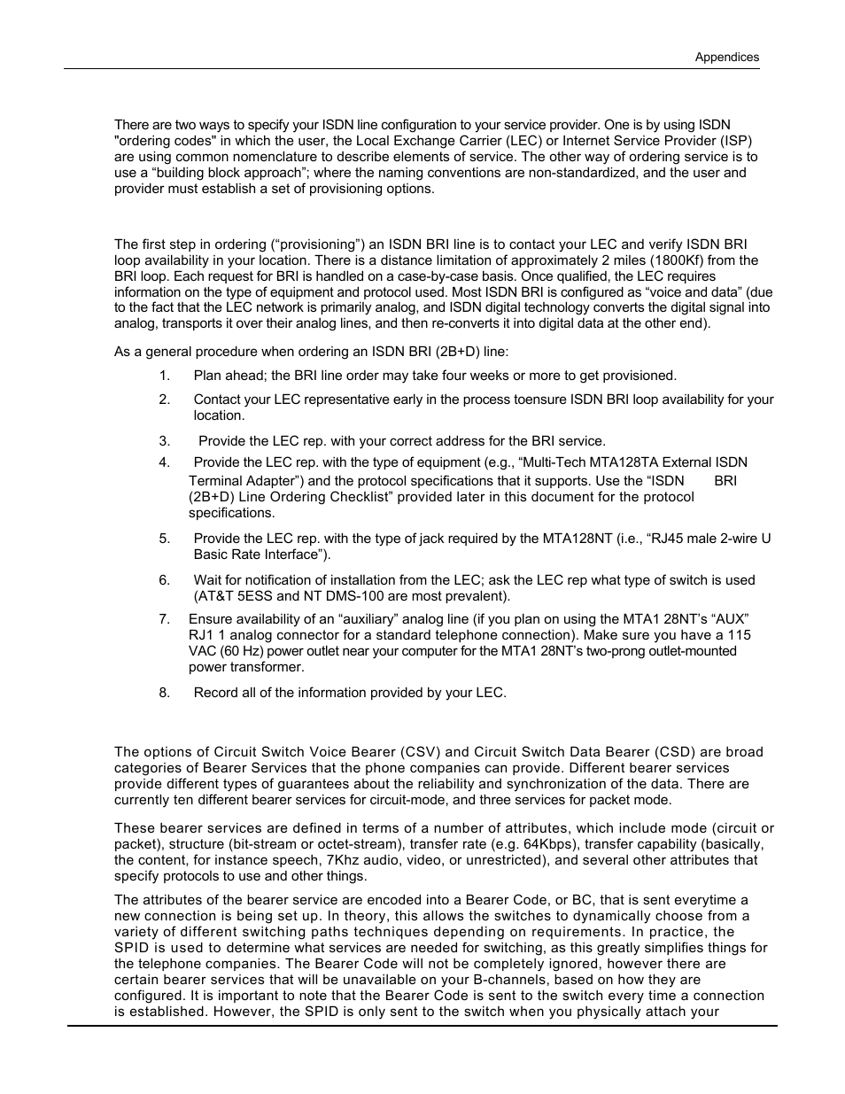 Appendix b: ordering your isdn li ne, Loop qualification, Bearer service | Multi Tech Equipment MTA128ST User Manual | Page 44 / 61