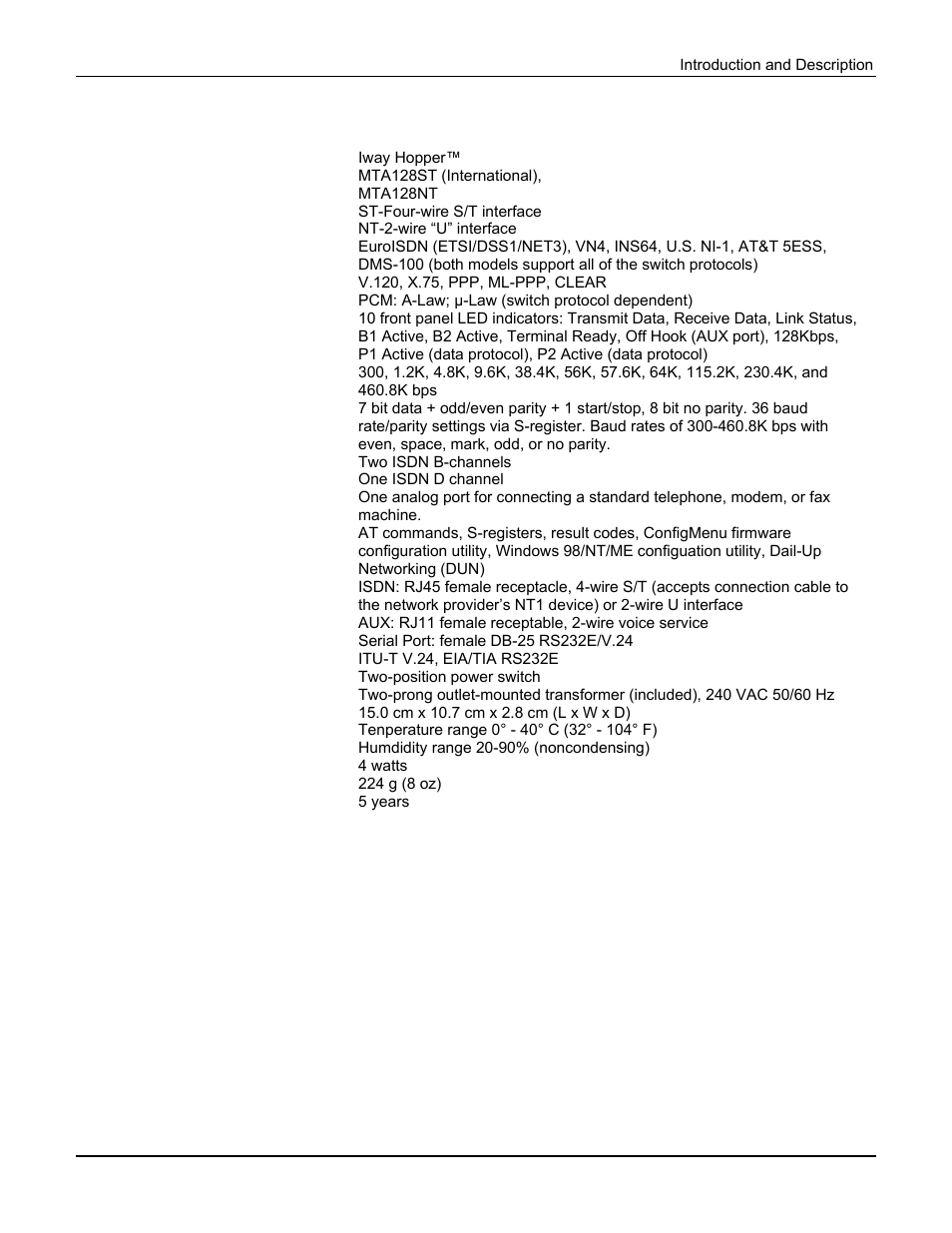 Technical specifications | Multi Tech Equipment MTA128ST User Manual | Page 9 / 61