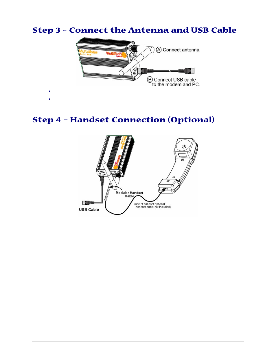 Step 3 – connect the antenna and usb cable, Step 4 – handset connection (optional) | Multi Tech Equipment GPRS USB User Manual | Page 11 / 35